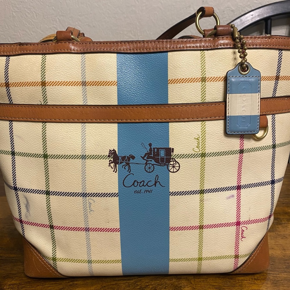 Coach Bleecker Heritage Stripe Tattersall Rare Blue Tote